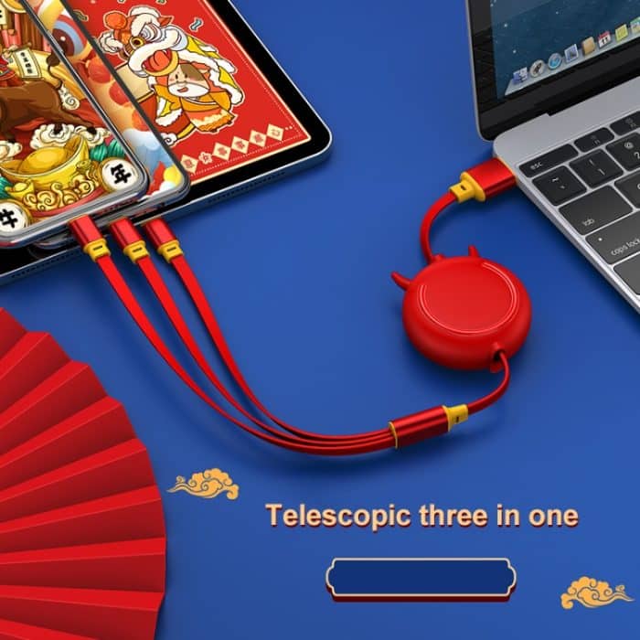 KO42 1.2M 3A 3 in 1 USB bis 8 PIN + USB-C / Typ-C + Micro USB Bull Head Retractable Datenkabel – Bild 10