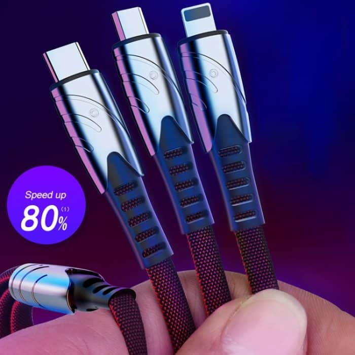 K051 1,2 m 3-in-1-USB-auf-8-Pin + USB-C / Typ-C + Micro-USB Shark Fabric-Datenkabel – Bild 2