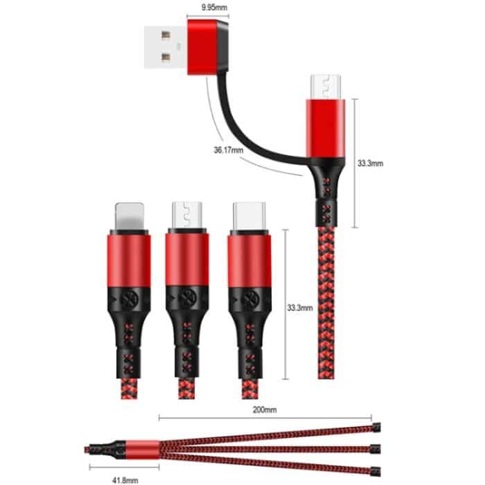5 in 1 3A USB + USB-C / Typ-C auf 8 Pin + Micro USB + USB-C / Typ-C-Schnittstelle Zweifarbig geflochtenes Schnelllade-Datenkabel, Kabellänge: 1,2 m – Bild 3