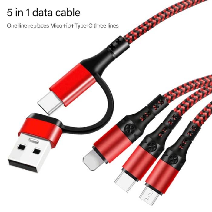5 in 1 3A USB + USB-C / Typ-C auf 8 Pin + Micro USB + USB-C / Typ-C-Schnittstelle Zweifarbig geflochtenes Schnelllade-Datenkabel, Kabellänge: 1,2 m – Bild 4