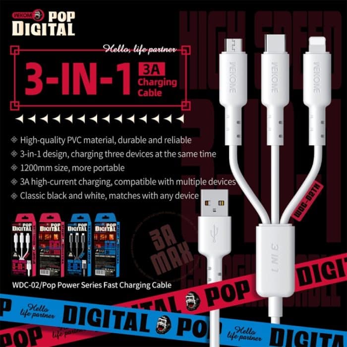 WEKOME WDC-02 Tidal Energy Series 3A USB auf 8 Pin+Typ-C+Micro USB 3 in 1 PVC-Datenkabel, Länge: 1,2 m – Bild 4