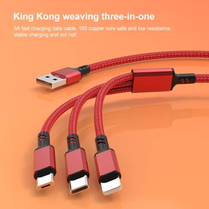 Orange Stecker 3A 3 in 1 USB auf Typ-C / 8 Pin / Micro USB Schnellladekabel, Kabellänge: 1,2 m – Bild 2