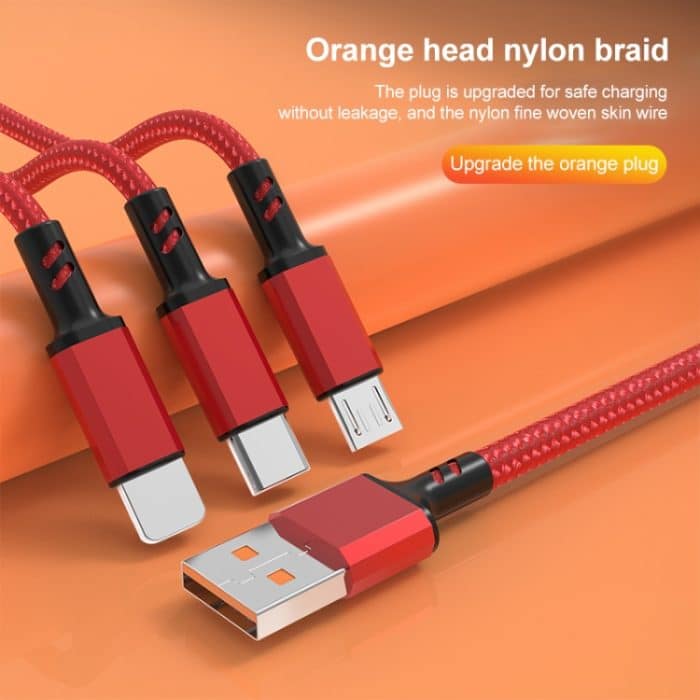 Orange Stecker 3A 3 in 1 USB auf Typ-C / 8 Pin / Micro USB Schnellladekabel, Kabellänge: 1,2 m – Bild 3