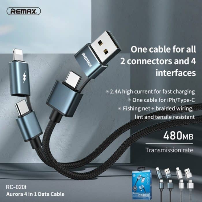 REMAX RC-020t 2,4 A Aurora Serie 4 in 1 8 Pin + USB + 2 x Typ-C Daten Snyc Ladekabel, Kabellänge: 1 m – Bild 3