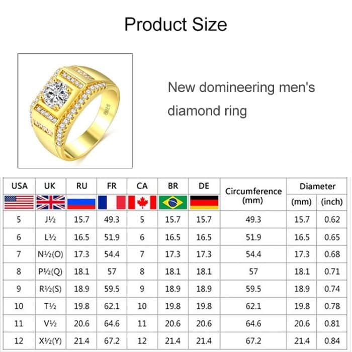 Mode New Style Vergoldet + AAA Zirkon Intarsien Strass Herren Diamantring, Größe: 11, Durchmesser: 20,6 mm, Umfang: 64,6 mm – Bild 9