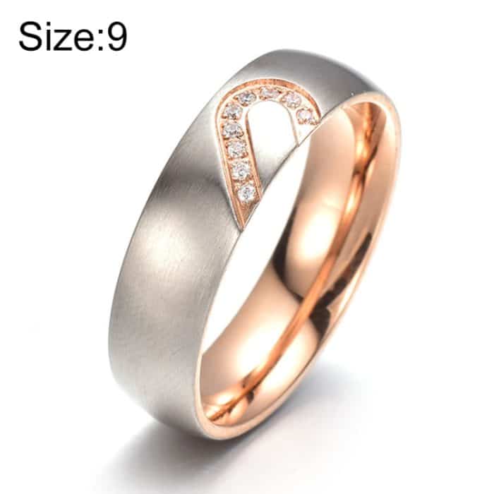 Mode Strass Liebesherz Spleiß Paare Ring Feiner Titan Stahl Ring für Männer und Frauen (Gold mit Diamant, US Größe: 9) – Bild 1