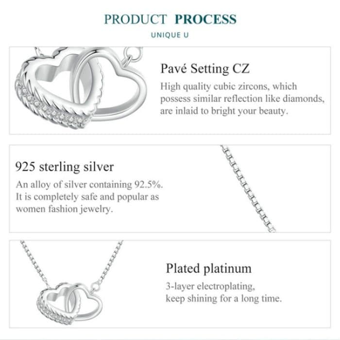 BSN339 Sterling Silber S925 weiß vergoldet Zirkon Doppelring Herz ineinandergreifende Halskette – Bild 3