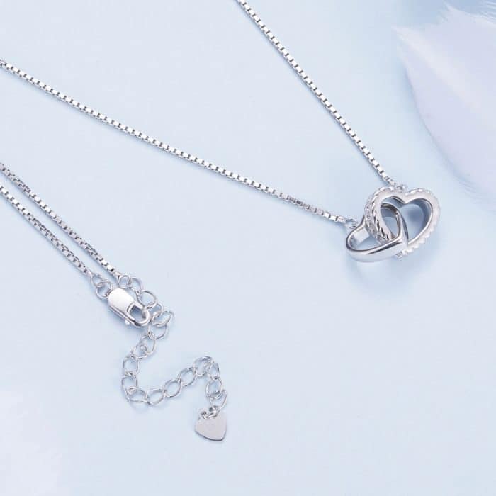 BSN339 Sterling Silber S925 weiß vergoldet Zirkon Doppelring Herz ineinandergreifende Halskette – Bild 5