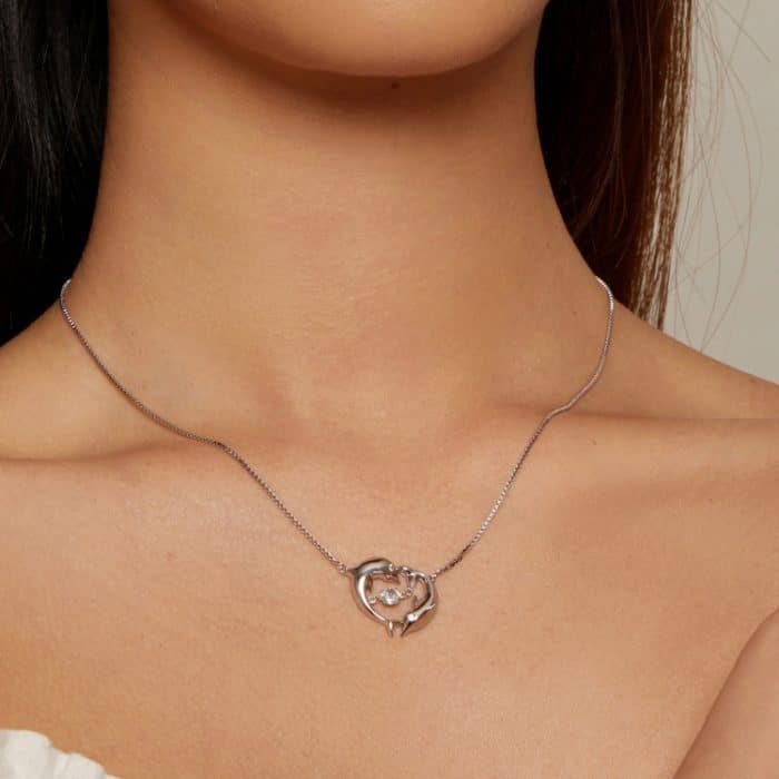 BSN340 Sterling Silber S925 Weißgold vergoldet Zirkon Niedliche Delfin Halskette – Bild 7