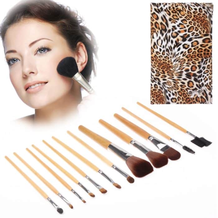 S-HCB-0512.jpg Faltbare Trendy Panther gemusterte Kosmetikbürstenetui Kit Set für Damen / 12-teilige Bürsten Gesichtspflegeprodukt – Bild 1