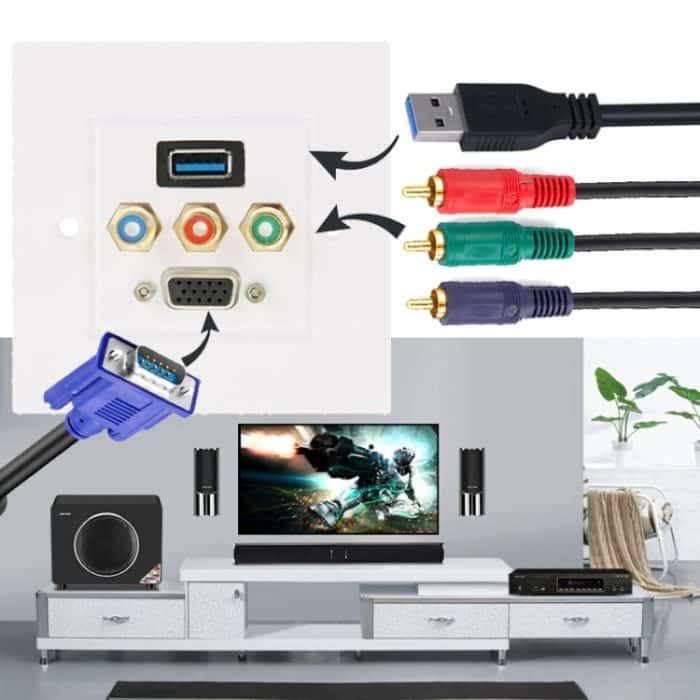 USB 3.0-Buchse + 3 Cinch-Stecker + VGA-Buchse Wandplatte – Bild 1