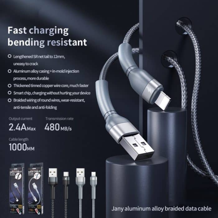 REMAX RC-124a 1 m 2,4 A USB-auf-USB-C/Typ-C-Aluminiumlegierungsgeflecht-Schnellladedatenkabel – Bild 3