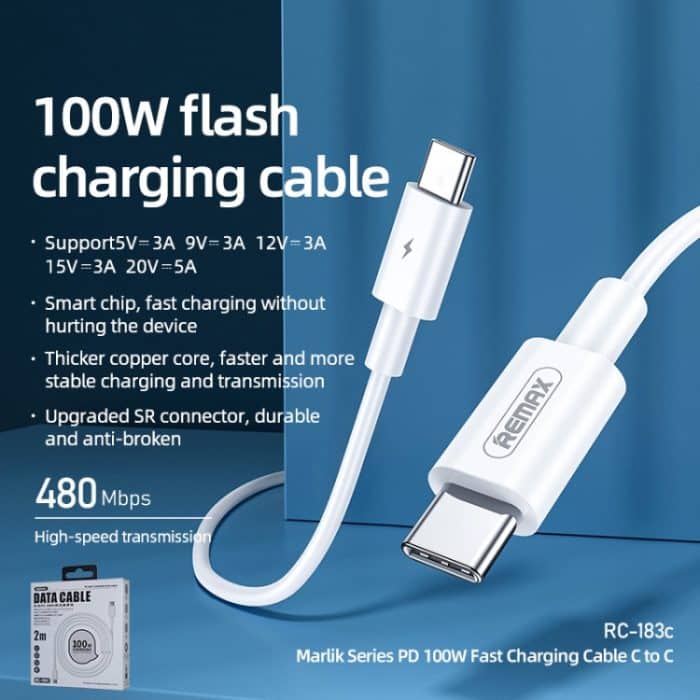 REMAX Marlik Series RC-183c PD 100 W USB-C/Typ-C auf USB-C/Typ-C-Schnittstelle, Schnelllade-Datenkabel, Kabellänge: 2 m – Bild 3