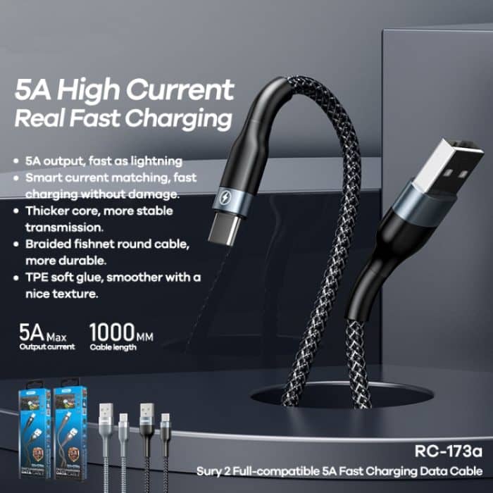 REMAX RC-173a 5A USB auf USB-C / Typ-C Sury 2 vollkompatibles Schnelllade-Datenkabel, Kabellänge: 1 m – Bild 3