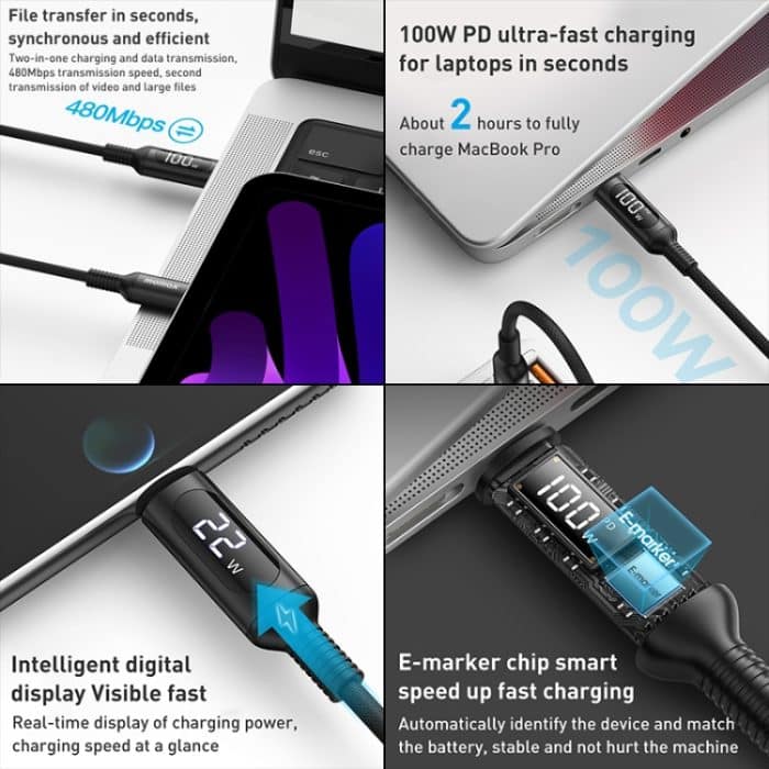 MOMAX DC22 1,2 m USB-C/Typ-C auf USB-C/Typ-C PD 100 W Digitalanzeige geflochtenes Datensynchronisierungs-Ladekabel – Bild 6