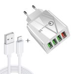 2-in-1 1 m USB-auf-8-Pin-Datenkabel + 30 W QC 3.0, 4 USB-Schnittstellen, Handy, Tablet, PC, universelles Schnellladegerät, Reiseladegerät-Set, EU-Stecker