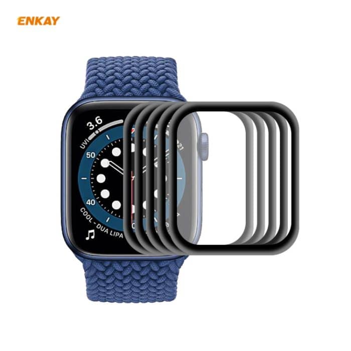 SYA001219301.jpg 5 Stück ENKAY Hat-Prince 0,2 mm 9H Oberflächenhärte 3D explosionsgeschützte Aluminiumlegierungskante Vollbild-Hartglas-Bildschirmfolie, For Apple Watch 6/5/4/SE 40mm, For Apple Watch 6/5/4/SE 44mm – Bild 1
