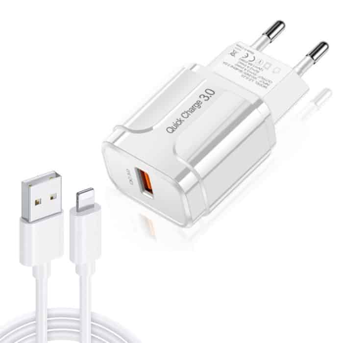 LZ-023 18W QC 3.0 USB Tragbares Reiseladegerät + 3A USB auf 8-poliges Datenkabel, EU-Stecker – Bild 1