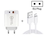 20 W PD Typ-C + QC 3.0 USB-Schnittstelle, Schnelllade-Reiseladegerät mit USB-auf-8-Pin-Schnelllade-Datenkabel