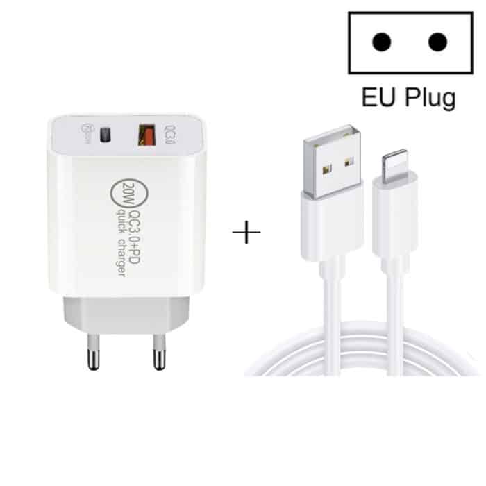 20 W PD Typ-C + QC 3.0 USB-Schnittstelle, Schnelllade-Reiseladegerät mit USB-auf-8-Pin-Schnelllade-Datenkabel – Bild 1