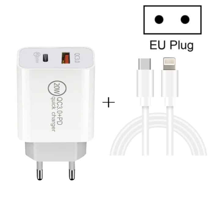 SYA001473401.jpg 20 W PD Typ-C + QC 3.0 USB-Schnittstelle, Schnelllade-Reiseladegerät mit USB-C/Typ-C auf 8-poliges Schnelllade-Datenkabel – Bild 1