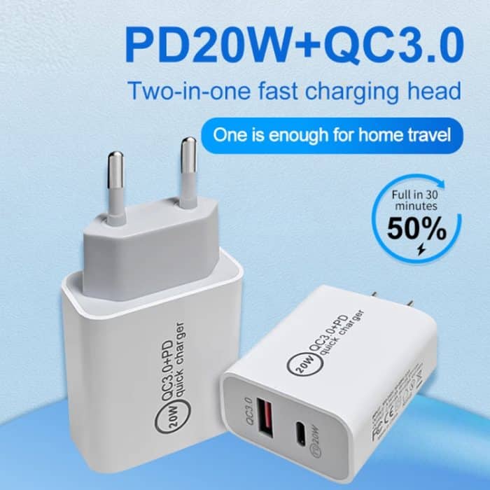 20 W PD Typ-C + QC 3.0 USB-Schnittstelle, Schnelllade-Reiseladegerät mit USB-C/Typ-C auf 8-poliges Schnelllade-Datenkabel – Bild 3