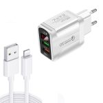 F002C QC3.0 USB + USB 2.0 LED-Digitalanzeige-Schnellladegerät mit USB-auf-8-Pin-Datenkabel, EU-Stecker