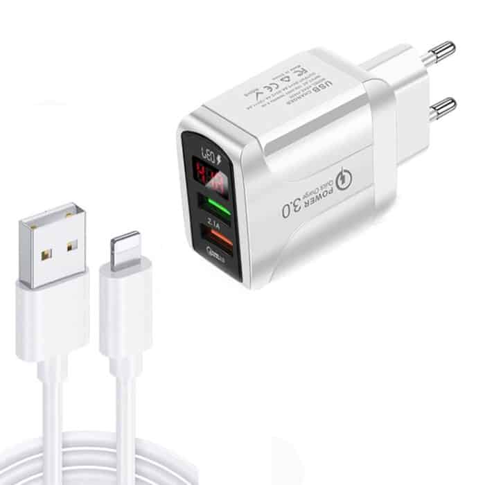 SYA001594801A.jpg F002C QC3.0 USB + USB 2.0 LED-Digitalanzeige-Schnellladegerät mit USB-auf-8-Pin-Datenkabel, EU-Stecker – Bild 1