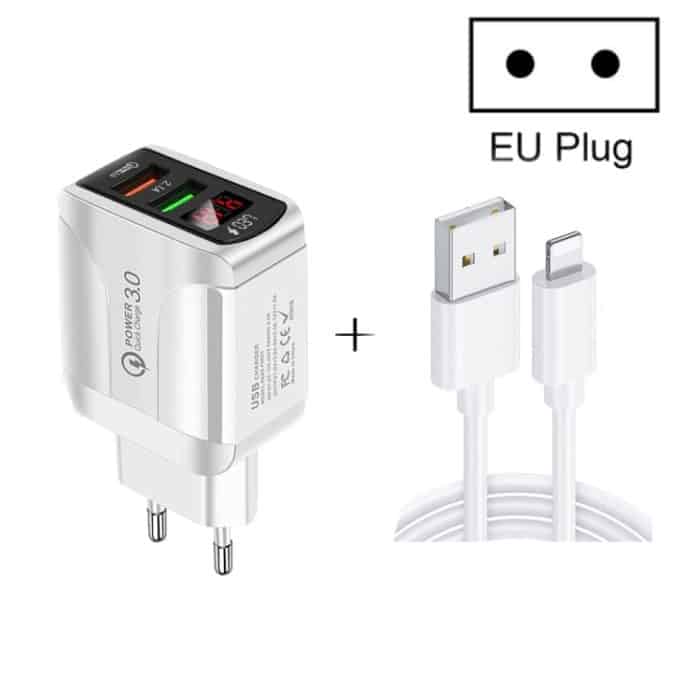 F002C QC3.0 USB + USB 2.0 LED-Digitalanzeige-Schnellladegerät mit USB-auf-8-Pin-Datenkabel, EU-Stecker – Bild 2