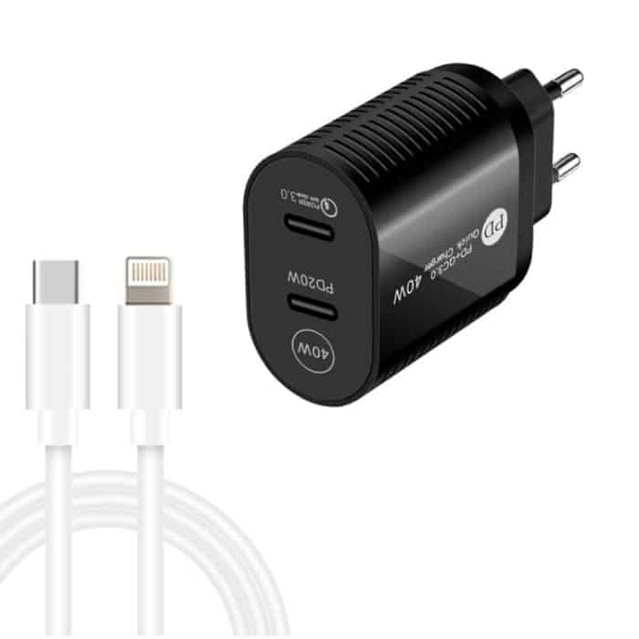 40-W-Dual-Port-PD/Typ-C-Schnellladegerät mit Typ-C-auf-8-Pin-Datenkabel, EU-Stecker – Bild 1