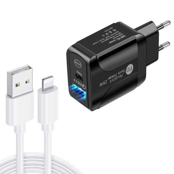 SYA001682301B.jpg PD25W USB-C / Typ-C + QC3.0 USB Dual Ports Schnellladegerät mit USB-auf-8-Pin-Datenkabel, EU-Stecker – Bild 1