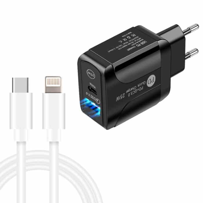 PD25W USB-C / Typ-C + QC3.0 USB Dual Ports Schnellladegerät mit USB-C auf 8-poligem Datenkabel, EU-Stecker – Bild 1