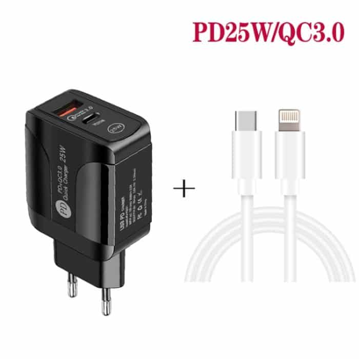 PD25W USB-C / Typ-C + QC3.0 USB Dual Ports Schnellladegerät mit USB-C auf 8-poligem Datenkabel, EU-Stecker – Bild 3