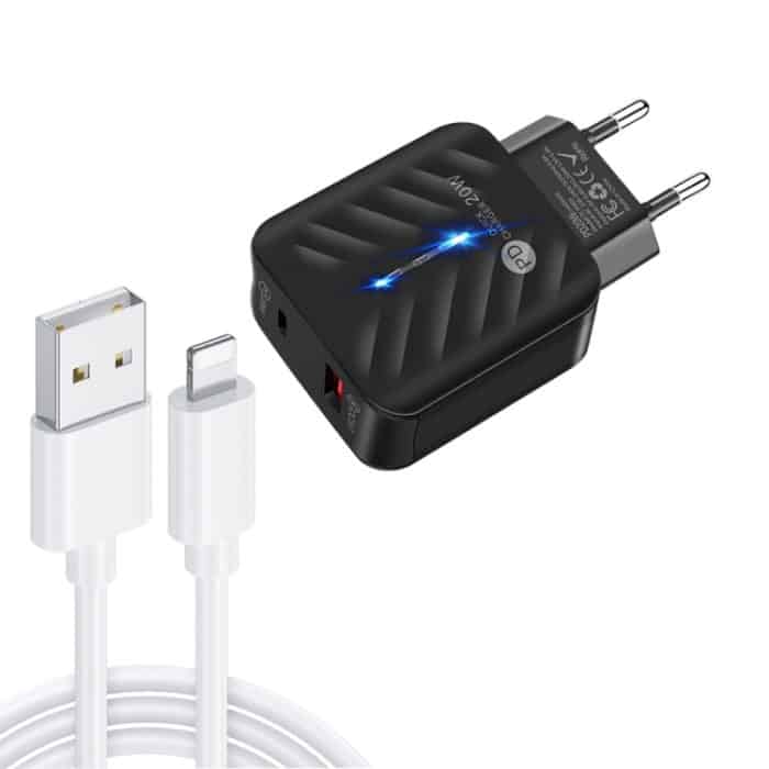 SYA001726301A.jpg PD03 20W PD3.0 + QC3.0 USB-Ladegerät mit USB-auf-8-Pin-Datenkabel, EU-Stecker – Bild 1