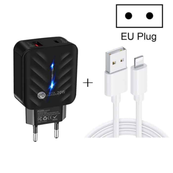 PD03 20W PD3.0 + QC3.0 USB-Ladegerät mit USB-auf-8-Pin-Datenkabel, EU-Stecker – Bild 3