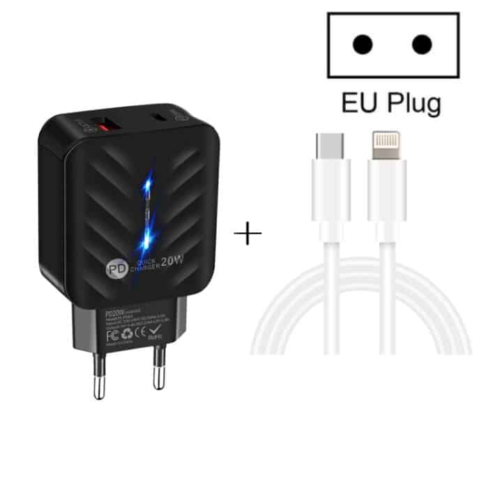 PD03 20W PD3.0 + QC3.0 USB-Ladegerät mit Typ-C auf 8-poligem Datenkabel, EU-Stecker – Bild 3