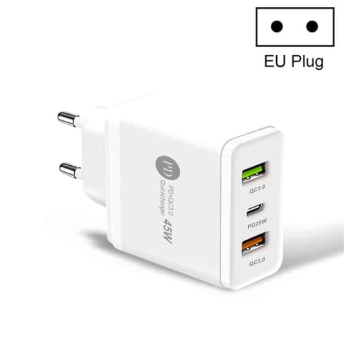 45 W PD3.0 + 2 x QC3.0 USB-Multi-Port-Schnellladegerät, EU-Stecker – Bild 1
