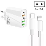 65 W Dual PD Typ-C + 3 x USB Multi-Port-Ladegerät mit 3 A Typ-C auf 8-poliges Datenkabel, EU-Stecker