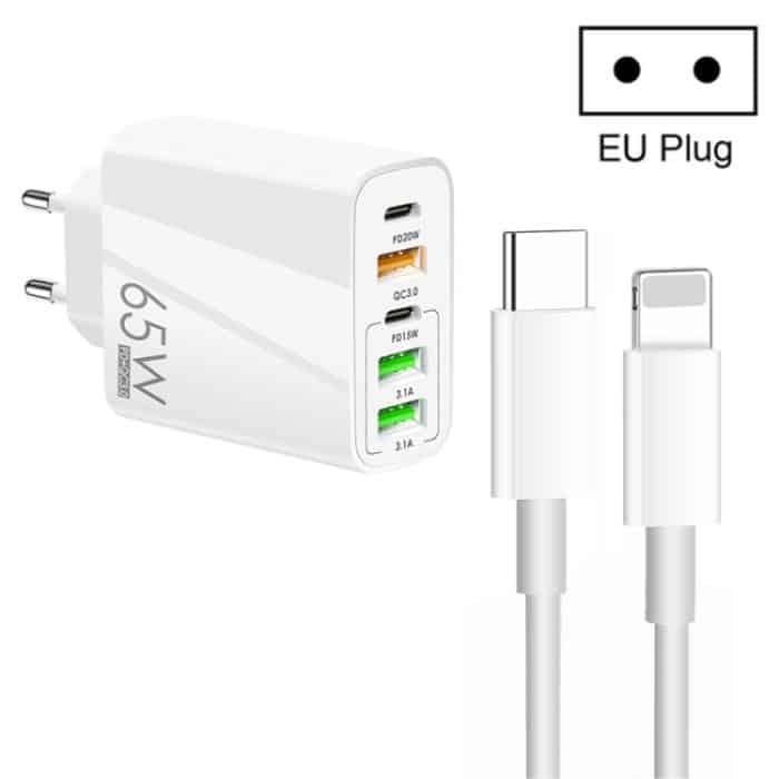 65 W Dual PD Typ-C + 3 x USB Multi-Port-Ladegerät mit 3 A Typ-C auf 8-poliges Datenkabel, EU-Stecker – Bild 1