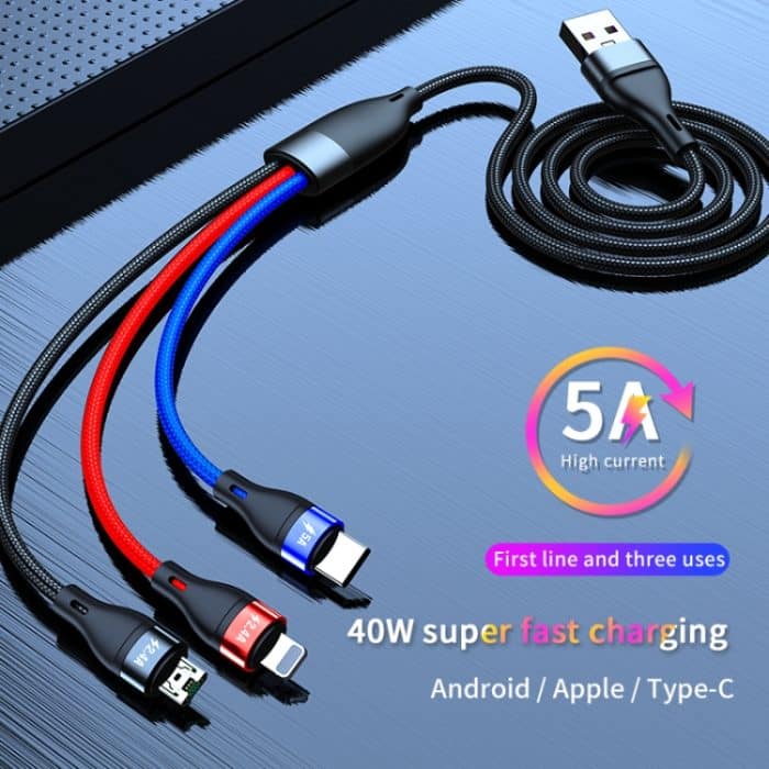 40W 5A USB auf Micro USB + USB-C / Type-C + 8 Pin Schnellladekabel, Kabellänge: 2m – Bild 3