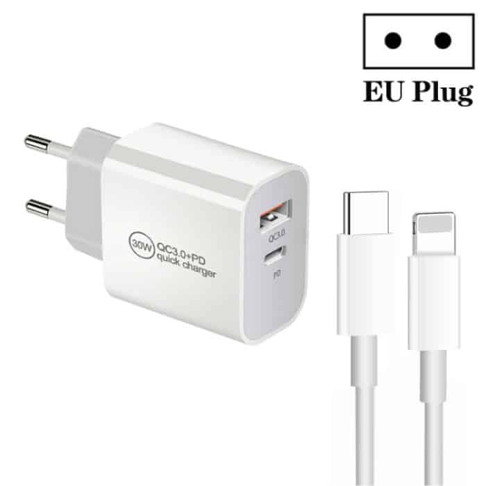 PD30W USB-C / Typ-C + QC3.0 USB-Dual-Port-Ladegerät mit 1 m Typ-C-auf-8-Pin-Datenkabel – Bild 1