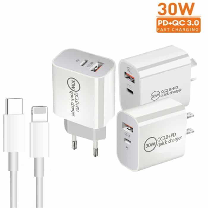 PD30W USB-C / Typ-C + QC3.0 USB-Dual-Port-Ladegerät mit 1 m Typ-C-auf-8-Pin-Datenkabel – Bild 2