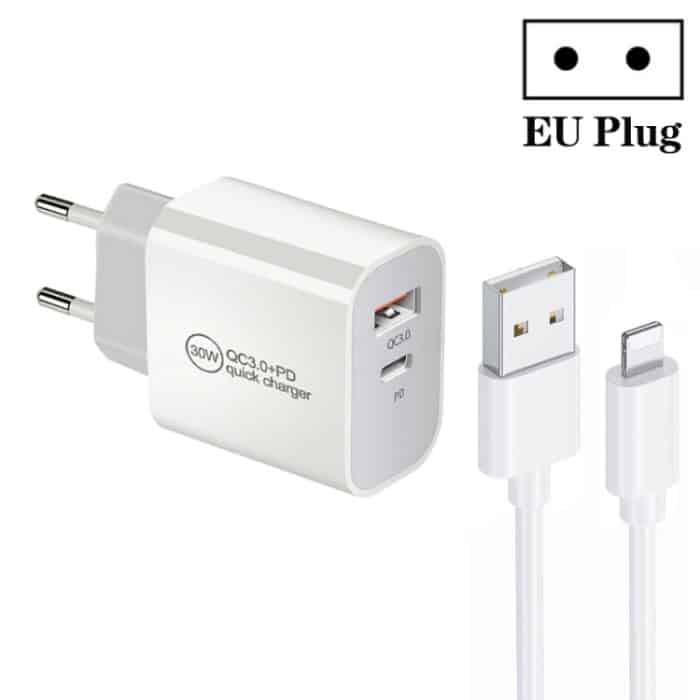 PD30W USB-C / Typ-C + QC3.0 USB-Dual-Port-Ladegerät mit 1 m USB-auf-8-Pin-Datenkabel – Bild 1