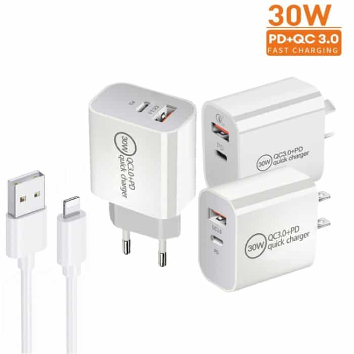 PD30W USB-C / Typ-C + QC3.0 USB-Dual-Port-Ladegerät mit 1 m USB-auf-8-Pin-Datenkabel – Bild 2