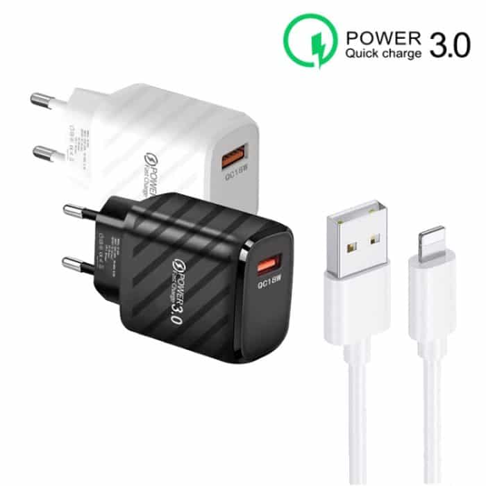 TE-005 QC3.0 18W USB-Schnellladegerät mit 1 m 3A USB-auf-8-Pin-Kabel, EU-Stecker – Bild 2