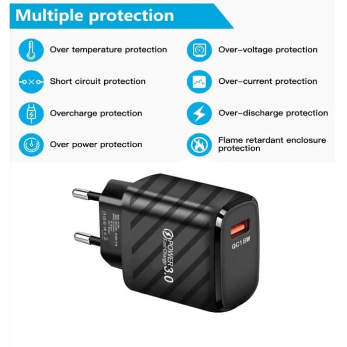 TE-005 QC3.0 18W USB-Schnellladegerät mit 1 m 3A USB-auf-8-Pin-Kabel, EU-Stecker – Bild 5