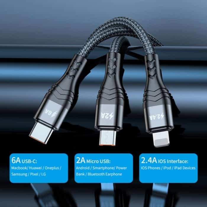ENKAY 3-in-1 6A USB auf Typ-C / 8 Pin / Micro USB Multifunktions-Schnellladekabel – Bild 2