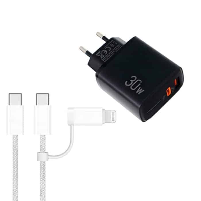 SYA002764001B.jpg PD31 30W USB-C / Typ-C + USB-A Ladegerät mit Typ-C+8 Pin 2-in-1 Datenkabel, EU Stecker – Bild 1