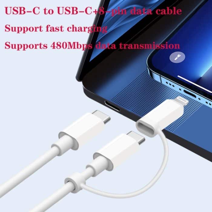 PD31 30W USB-C / Typ-C + USB-A Ladegerät mit Typ-C+8 Pin 2-in-1 Datenkabel, EU Stecker – Bild 2