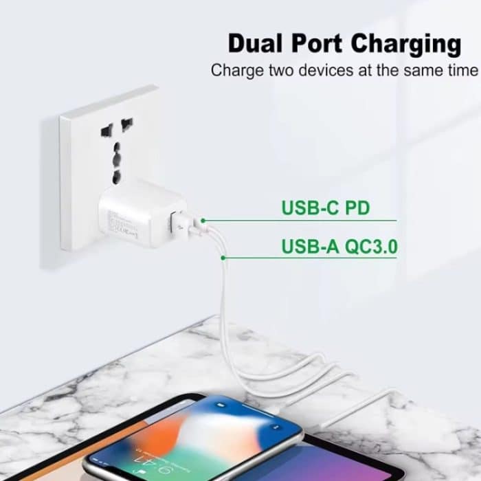 PD31 30W USB-C / Typ-C + USB-A Ladegerät mit Typ-C+8 Pin 2-in-1 Datenkabel, EU Stecker – Bild 3